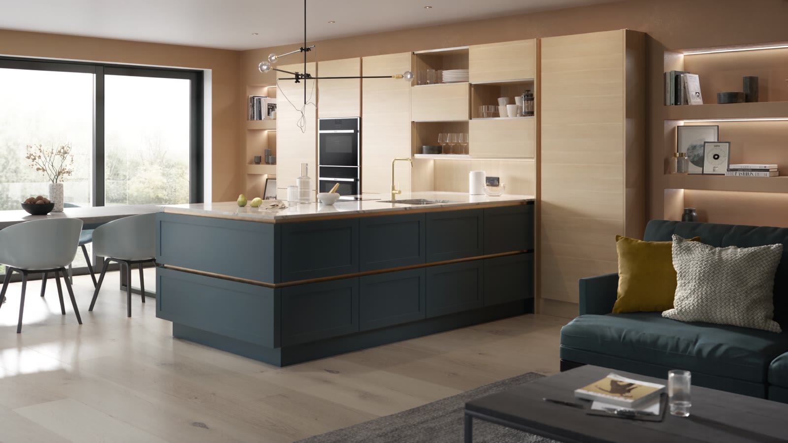 Contemporary handleless kitchens with island seating, designed and installed by Riddle & Coghill Interiors in Edinburgh